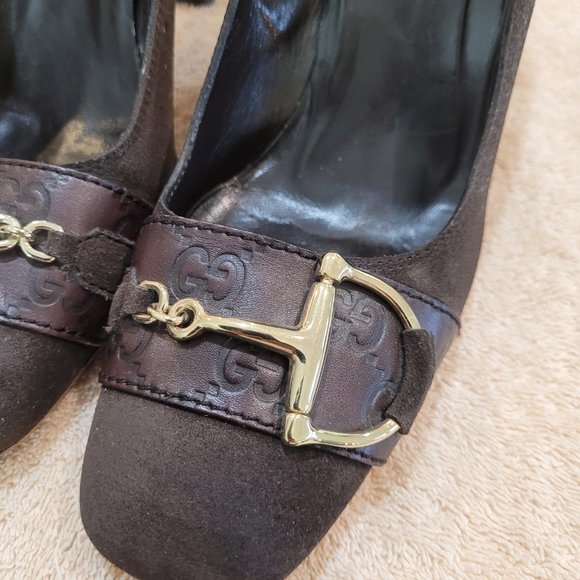 GUCCI GG MONOGRAM LEATHER & SUESE HEELED SHOES  BROWN FIT LIKE 8-8.5 - Picture 6 of 12